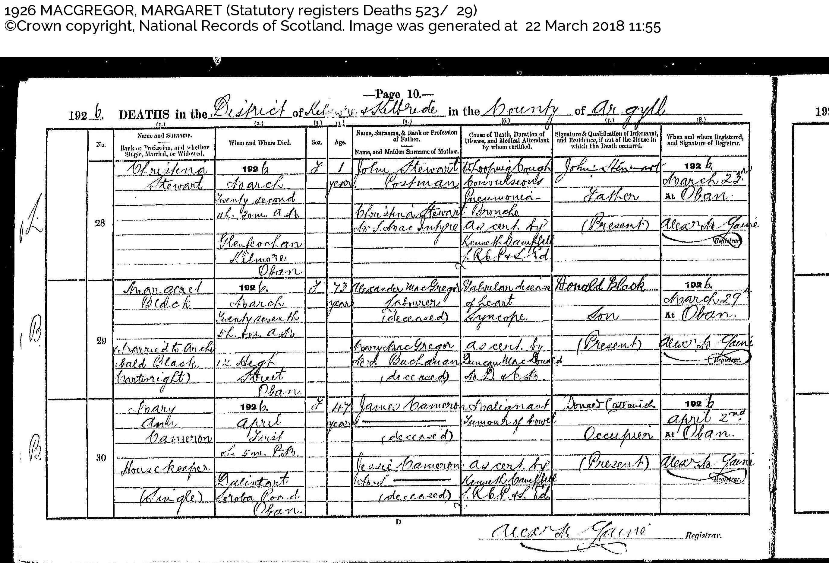 MargaretMcGregor(Black)_D1926 Oban Argyll, April 1, 1926, Linked To: <a href='profiles/i678.html' >Archibald Black</a> and <a href='profiles/i673.html' >Margaret `Peggy` Macgregor</a> and <a href='profiles/i651.html' >Mary Buchanan ~</a> and <a href='profiles/i650.html' >Alexander MacGregor ~</a>